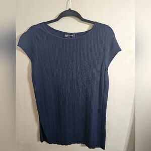 Jones New York Navy Ribbed Cap-Sleeve Shirt